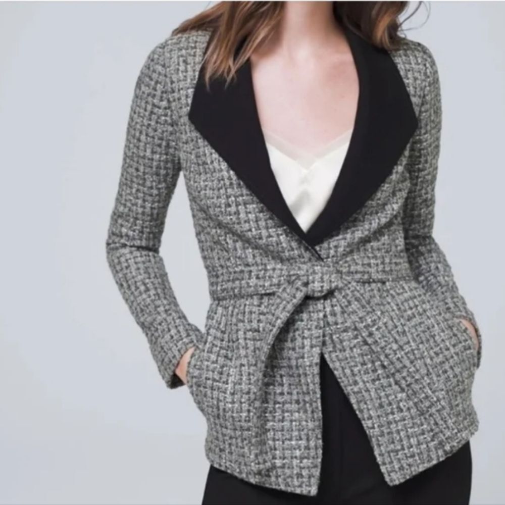 White House Black Wool Blend Tweed Blazer Jacket Size 10 Single Button Tie Waist